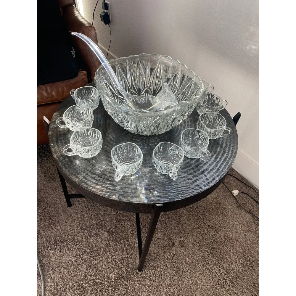 Williamsport  Vintage 12 Pc Prescut Crystal Punch Bowl Set w 10 Cups + Ladle